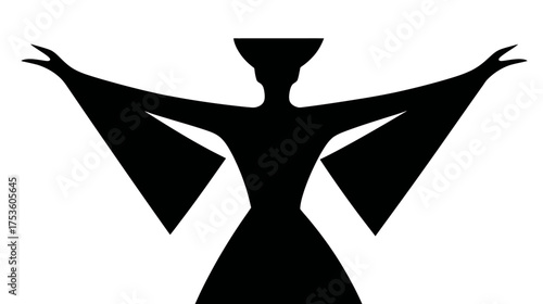 Artistic black silhouette of an elegant woman with outstretched arms, wearing a ceremonial headdress and dress, in a minimalist abstract style.