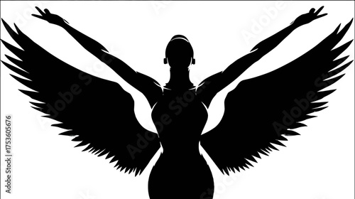 Dramatic silhouette of a winged female figure with arms raised, gazing upwards, symbolizing freedom, hope, and spiritual aspiration