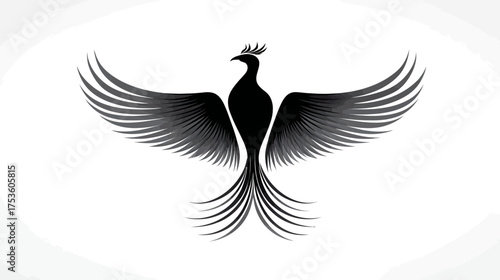 Elegant black silhouette of a majestic mythical bird with spread wings and fanned tail, abstract graphic design element, symbol of power and grace