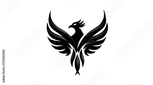 Majestic Black Phoenix Bird Silhouette Illustration. Mythical Creature with Spread Wings, Elegant Design Element Vector.