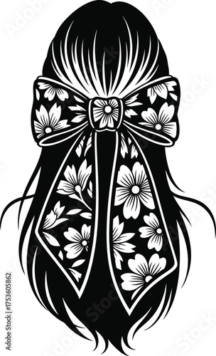 Elegant silhouette of a woman s long hair tied with a beautiful floral patterned bow