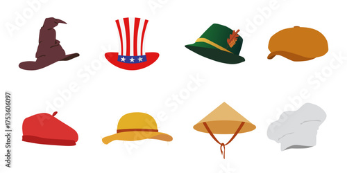 A set of diverse hats including wizard, top, alpine, newsboy, beret, sun, conical, and chef hats.