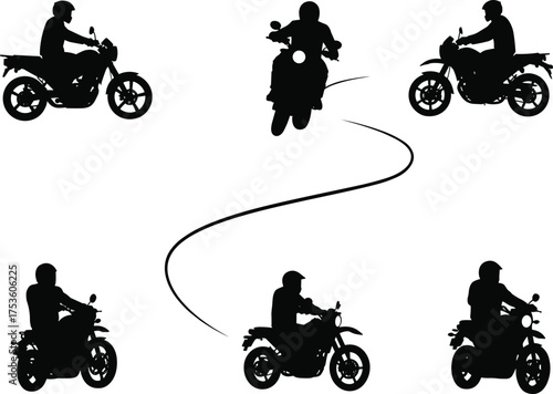 Motorcycle Rider Silhouettes Performing Jump and Stunt in Dynamic Vector Composition Representing Motion, Extreme Sports, and Biker Action in Black and White Style