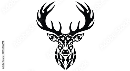 Vector illustration of stylized black tribal tattoo design of a stags head with large antlers, isolated on a, representing nature and strength