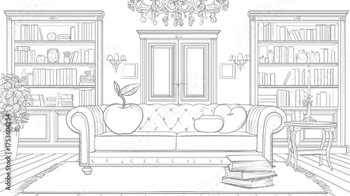 Elegant Living Room Interior Line Art Illustration, Classic Home Decor with Sofa, Bookshelves, and Chandelier, Detailed Coloring Book Design