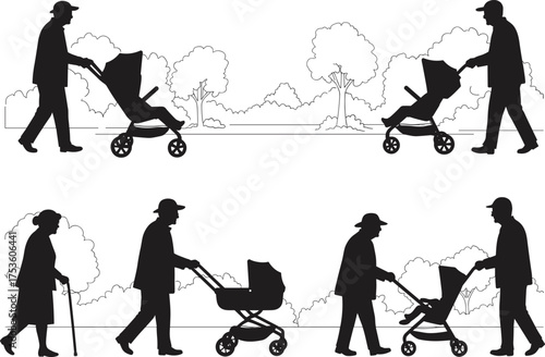 Silhouette People in Park with Strollers and Elderly Walking – Generational Caregiving, Family Life, Parenthood, Aging, Outdoor Lifestyle, Vector Illustration for Stock Use