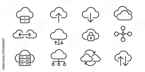 Minimalist cloud computing icons: network, data transfer, and security in line art style