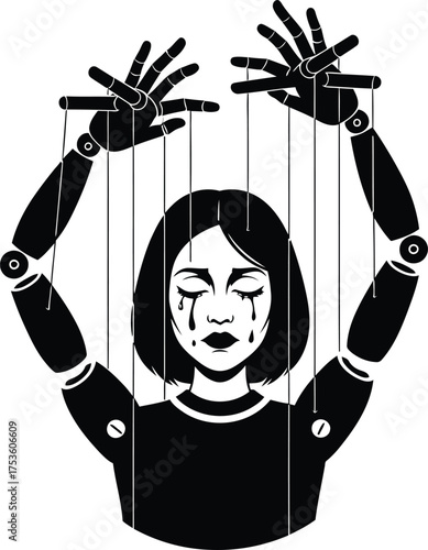 Sad puppet girl with crying eyes controlled by strings attached to robotic arms and hands