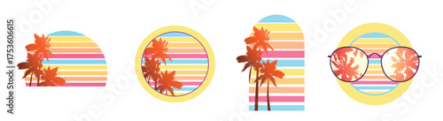 Collection of a retro sunset badges with silhouettes of palm trees and sunglasses. Vector illustration isolated on white background
