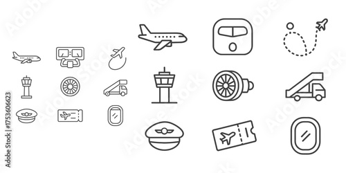 Minimalist travel icons set featuring airplane, ticket, and airport elements