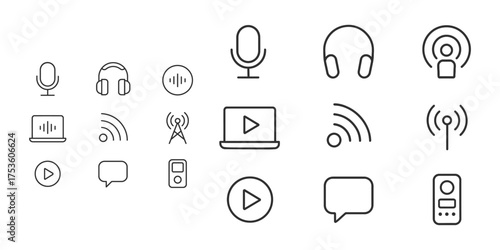 Minimalist audio and podcasting icon set in linear design