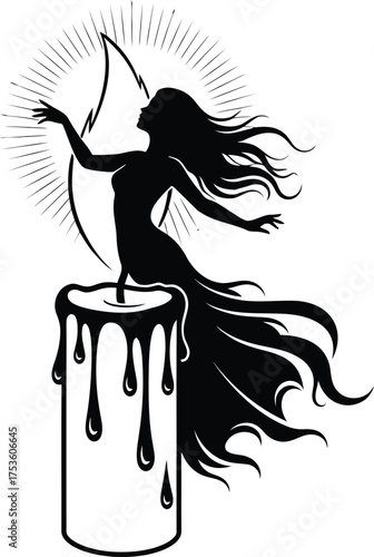 Mysterious silhouette of a woman with flowing hair holding a bow on a melting candle