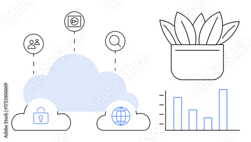 Cloud with icons for security, communication, and global access connected to graphs and plant. Ideal for technology, digital trends, innovation, data analysis, cloud services, sustainability simple