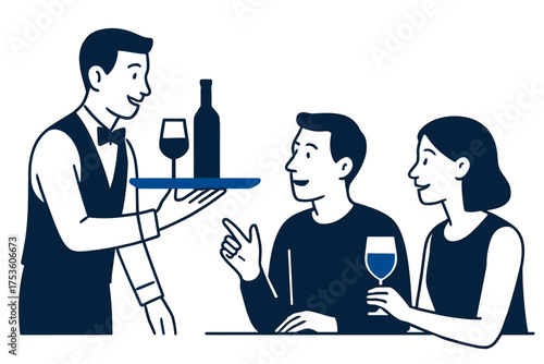 Friendly waiter serving wine to happy customers in a restaurant scene