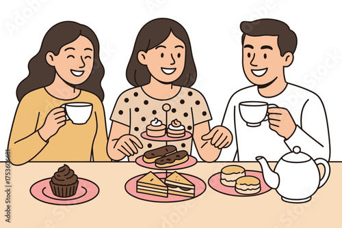 Friends enjoying afternoon tea together with pastries and smiles