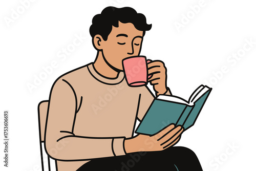Man relaxing with a book and coffee in contemporary style art