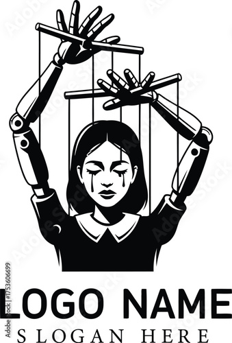 Sad puppet girl with mechanical arms controlled by strings depicting control and sadness