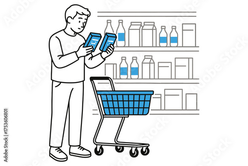 Man comparing products in grocery aisle with shopping cart