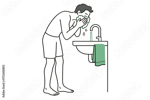 Minimalist design of person washing face at sink with towel