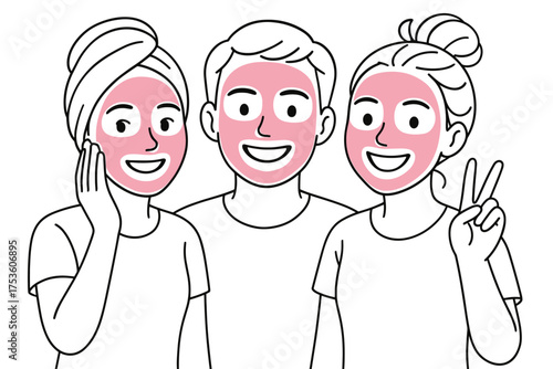 Skincare routine smiling friends with facial masks in minimalist line art style