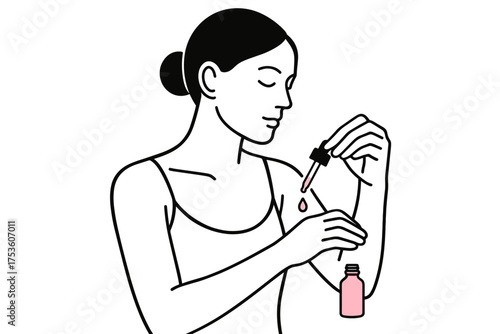Minimalist woman applying skin serum in line art style