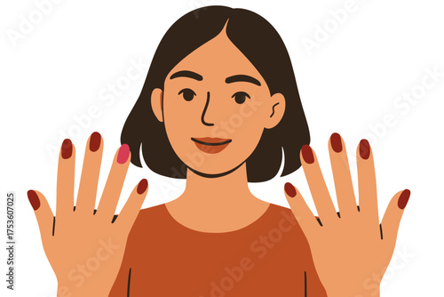 Woman showing colorful nail manicure with happy expression