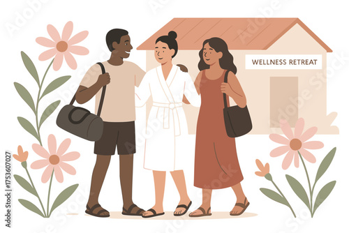 Friends enjoying wellness retreat with floral background in flat style