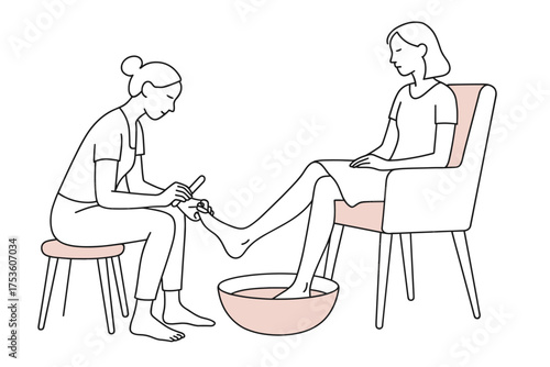 Relaxing pedicure session: line art spa treatment with two women