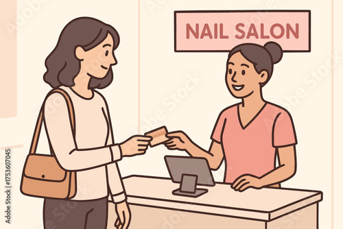 Friendly encounter at nail salon reception showing customer and staff interaction