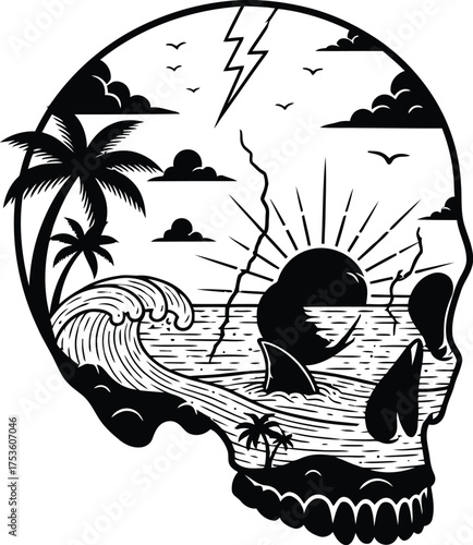 Skull silhouette filled with a tropical beach sunset scene featuring a shark and crashing wave