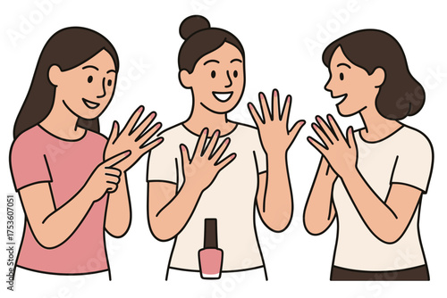 Women admiring painted nails in casual conversation