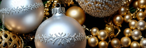 Wallpaper Mural Luxurious Christmas scene with silver baubles, gold beads, and decorative elements. Ideal for holiday greeting cards, festive backgrounds, elegant New Year designs, and luxury branding visuals Torontodigital.ca