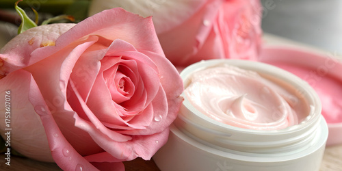 pink rose next to an open jar of moisturizing cream. The composition evokes natural beauty, skincare, freshness, and luxury. Perfect for cosmetic advertising, skincare branding, spa promotions, 