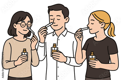 Group of diverse people testing fragrances with scent strips in a sketch style
