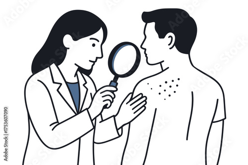 Doctor examining patient's allergic skin reaction with magnifying glass in clinic