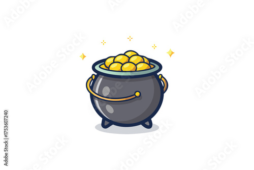 A charming illustration of a gray pot overflowing with golden coins