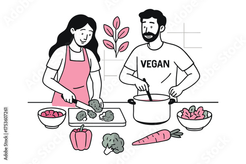 Couple cooking vegan meal together in minimalist kitchen setting