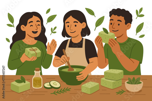 Natural soap making process with friends: handcrafted skincare and herbal ingredients