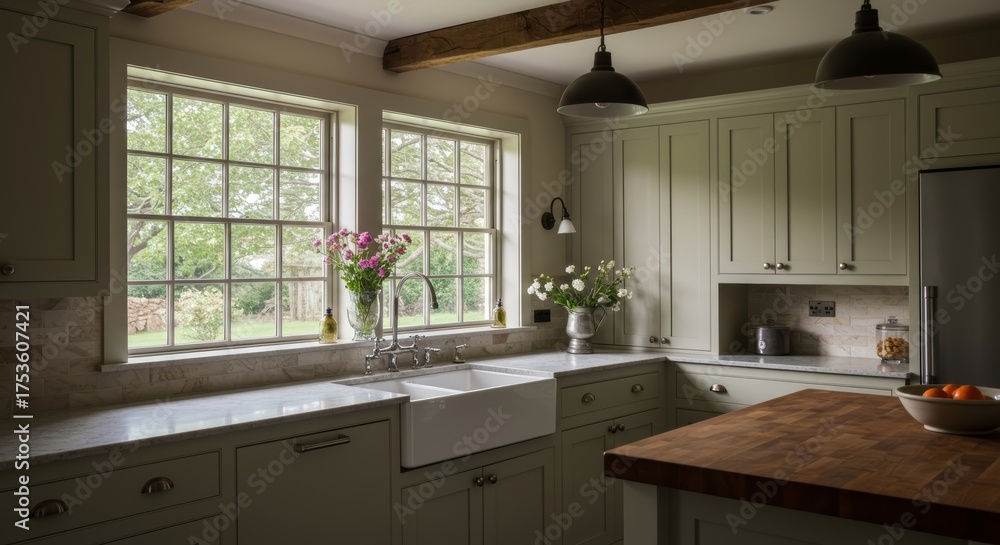 Fototapeta premium Modern rustic kitchen with large windows and wooden features