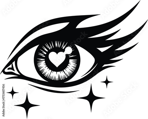 Stylized black and white eye with a heart pupil and sparkling stars below