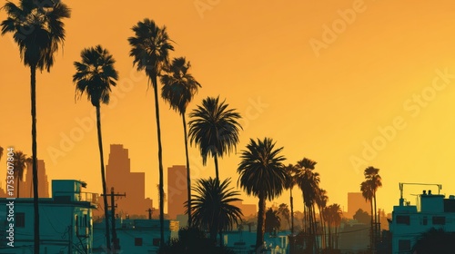 A stunning sunset paints the sky orange as palm trees line the foreground. The Los Angeles skyline creates a beautiful silhouette showcasing the citys beauty at dusk.