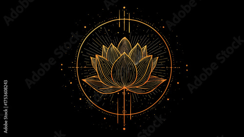 Elegant golden lotus flower illustration with spiritual geometric circle on a deep black background. Mystical yoga meditation symbol.