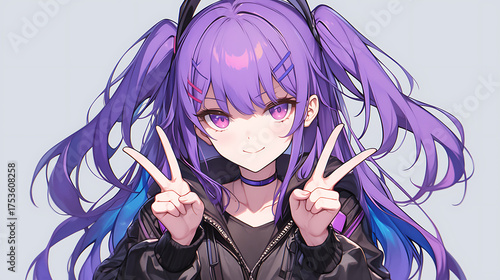 Anime style girl Zipper jacket and two finger pose ready for photo