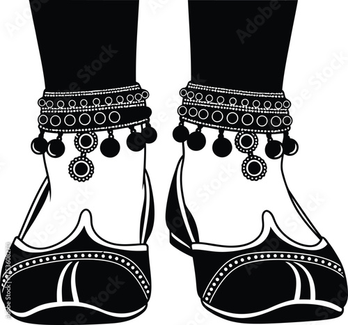 Traditional indian anklets and footwear silhouette with decorative ornaments and pom poms