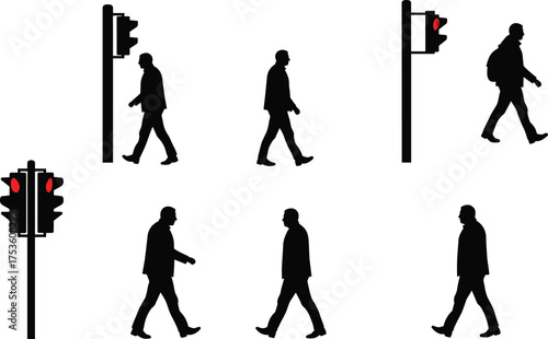 Silhouettes of Pedestrians Walking Against Red Traffic Lights in Urban Vector Scene Representing Road Safety, City Behavior, and Public Awareness Concepts