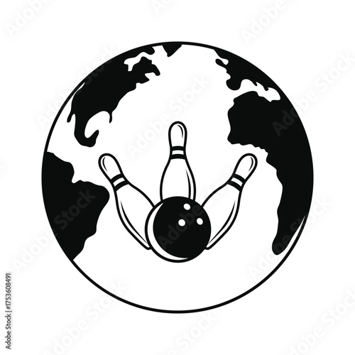 Bowling ball and pins arranged in front of a stylized globe representing global sport and recreation
