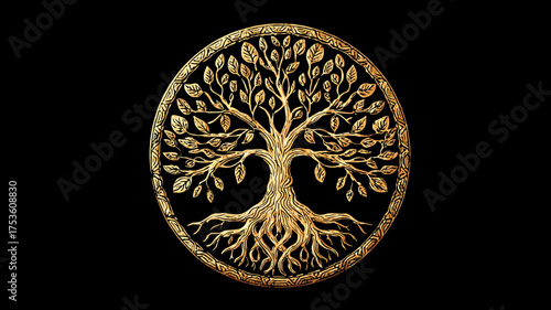 Intricate golden Tree of Life symbol, ancient wisdom, spiritual growth, and nature connection on a black background