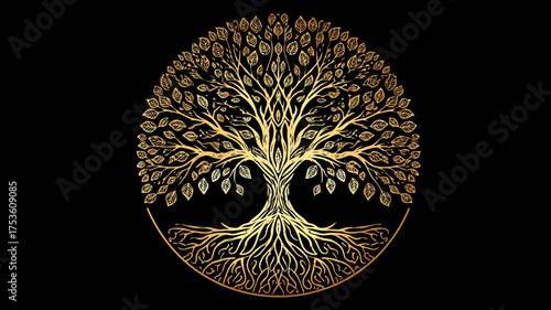 Elegant Golden Tree of Life Circle Illustration with Intricate Roots and Leaves on Black Background, Symbol of Growth and Nature