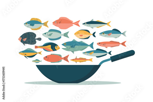 Colorful Flat Vector Illustration of Various Fish Species Floating Above a Frying Pan