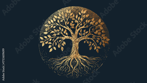 Golden tree of life emblem, intricate roots and branches in a circle on dark. Symbolizing nature, growth, strength, and spirituality.